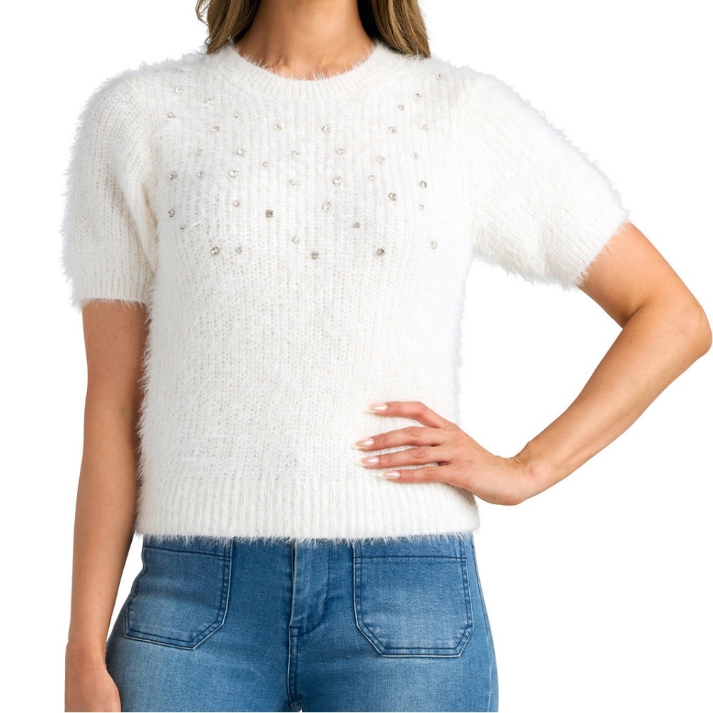 BCX - Crewneck Embellished Short-Sleeve Sweater - M